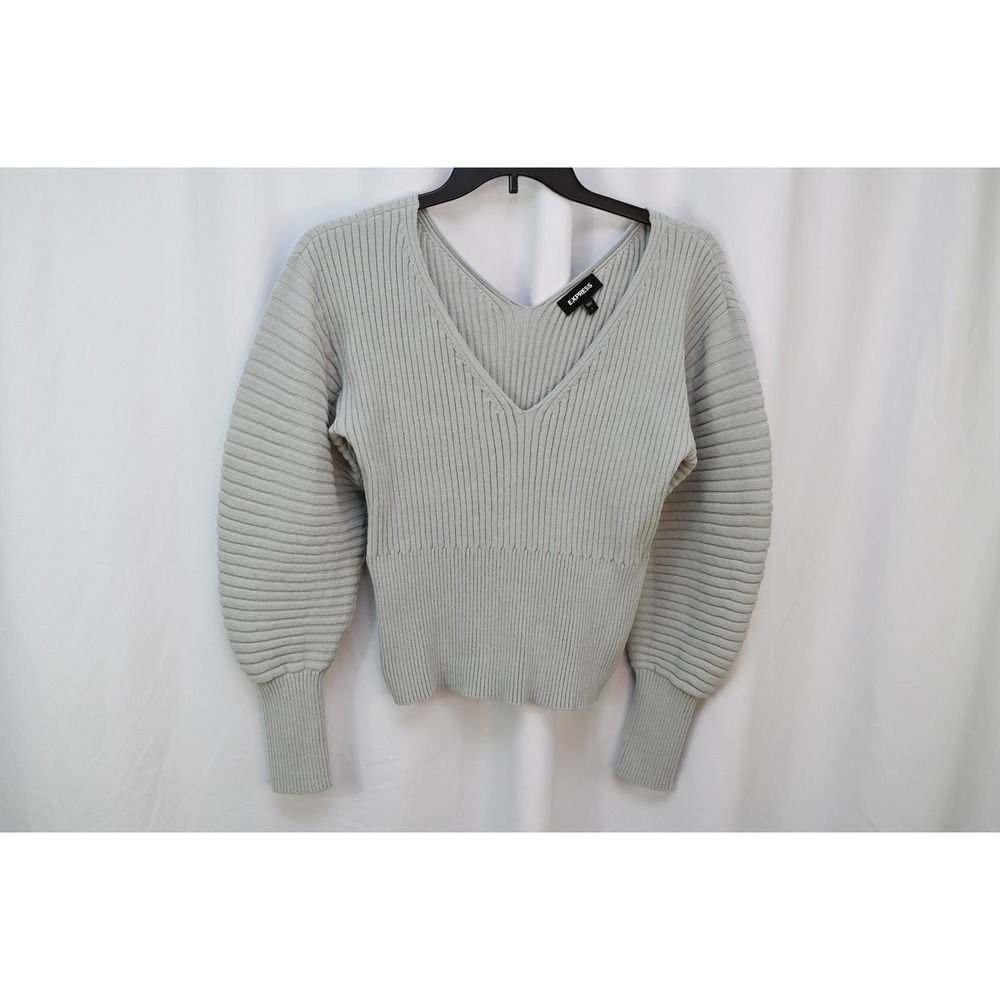 Express Womens Blue Ribbed V-Neck Balloon Sleeve Knit Sweater Large